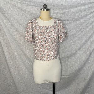 Tan Coral Flower Print Square Neckline Blouse Statement Sleeves Butterfly Baggy